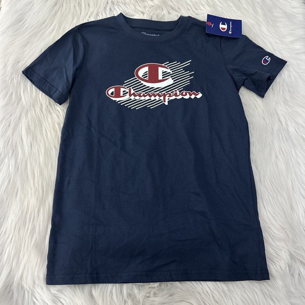 Champion Boys NWT Short Sleeve T Shirt Center Logo L Crew Neck Navy Blue